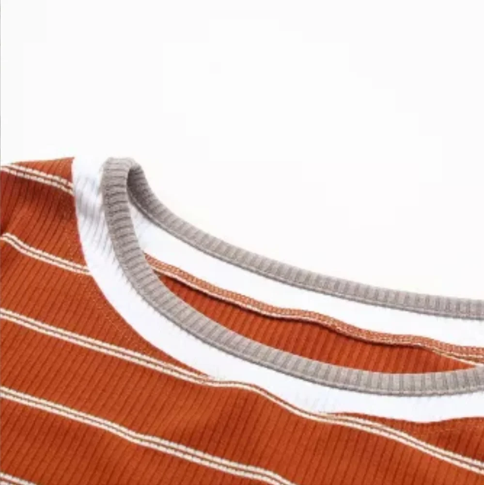 New Brown Extend Color Block Cuffs Rib Knit Striped Pullover - Picture 10 of 16